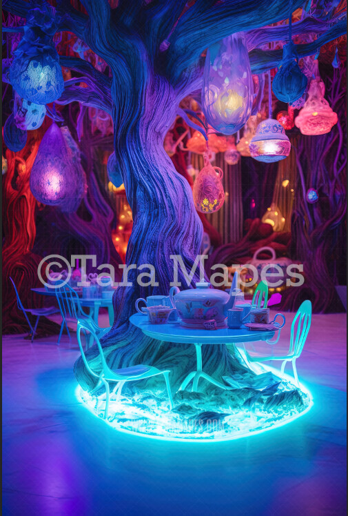 Alien Alice in Wonderland - Alien World Digital Backdrop  -  Otherworldly Tea Party Setting - Neon Alien World Digital Background JPG FILE