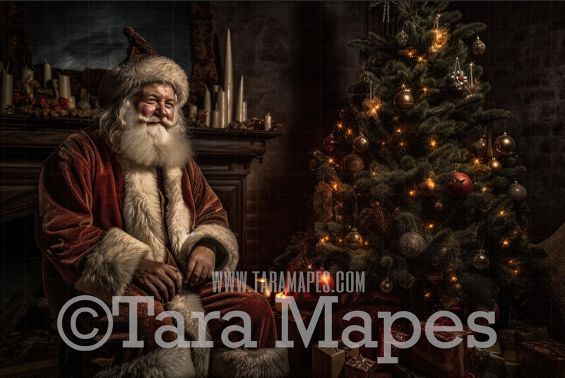 Santa Digital Backdrop - Painterly  Santa by Fireplace - Santa Scene with Christmas Tree -  Christmas Digital Background JPG File