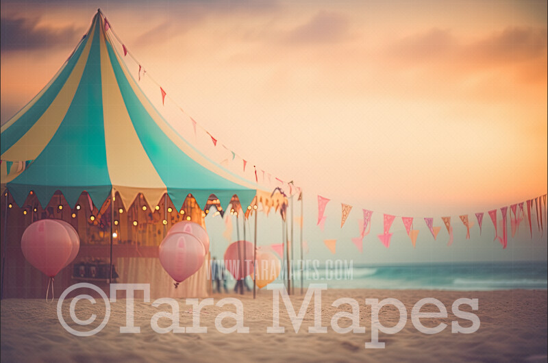 Pastel Beach Digital Backdrop - Beach with Carnival Tent - Beach Digital Background JPG