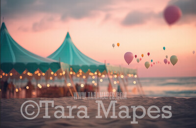 Pastel Beach Digital Backdrop - Beach with Carnival Tent - Beach Digital Background JPG