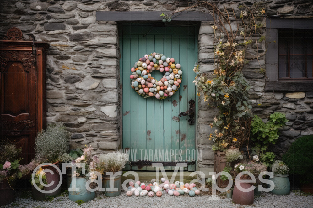 Easter Door Digital Backdrop - Whimsical Rustic Easter Themed Door with Easter Egg Wreath- Easter Door Digital Background JPG - Easter Digital