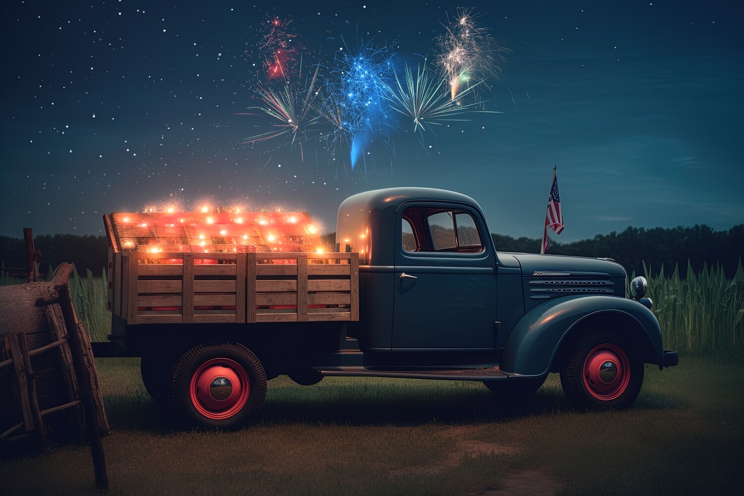 Fourth of July Digital Background - Blue Vintage Truck - Fireworks Patriotic Truck Digital Background Backdrop