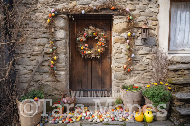 Easter Door Digital Backdrop - Whimsical Rustic Easter Themed Door with Easter Egg Wreath- Easter Door Digital Background JPG - Easter Digital