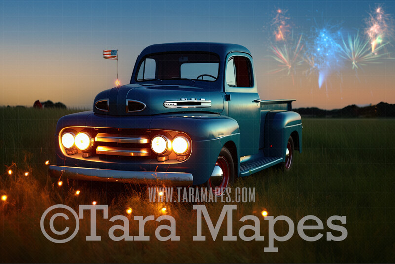 Fourth of July Digital Background - Blue Vintage Truck - Fireworks Patriotic Truck Digital Background Backdrop