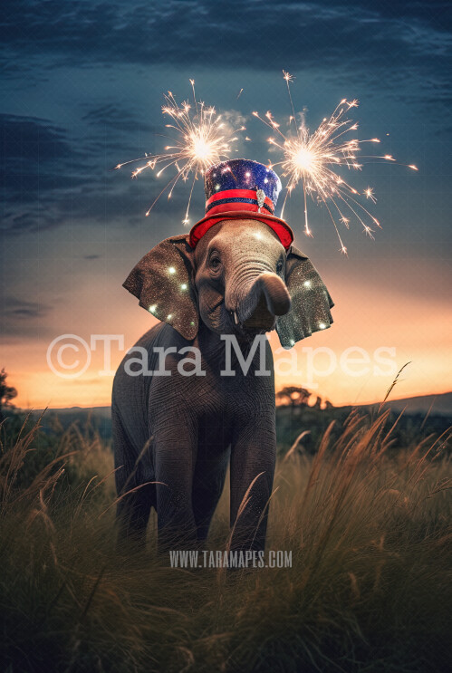 Fourth of July Digital Background - Patriotic Elephant with Red White and Blue Hat - Sparkler - Fourth of July Digital Background Backdrop
