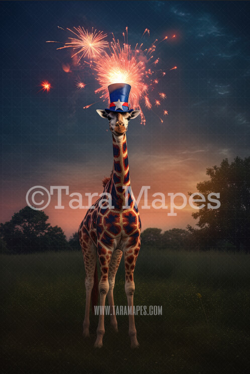 Fourth of July Digital Background - Patriotic Giraffe with Red White and Blue Hat - Sparkler - Fourth of July Digital Background Backdrop Fourth of July Digital Background - Patriotic Giraffe with Red White and Blue Hat - Sparkler - Fourth of July Digital Background Backdrop