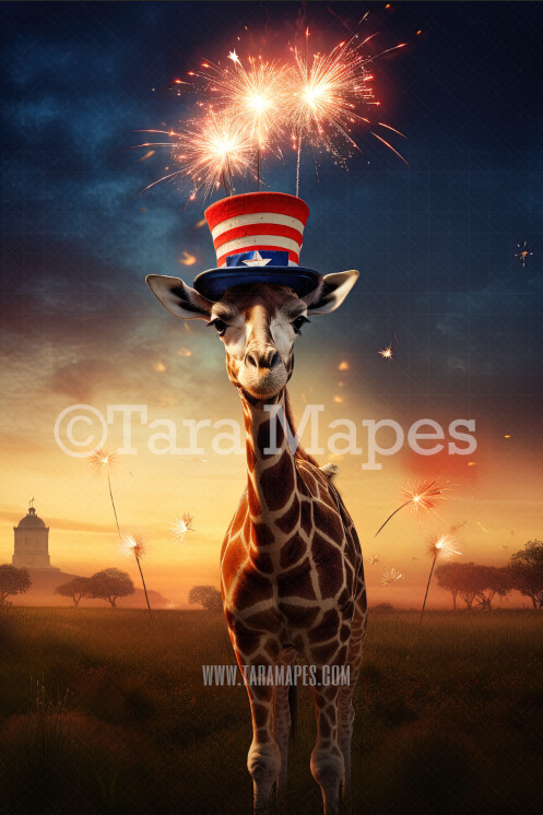 Fourth of July Digital Background - Patriotic Giraffe with Red White and Blue Hat - Sparkler - Fourth of July Digital Background Backdrop
