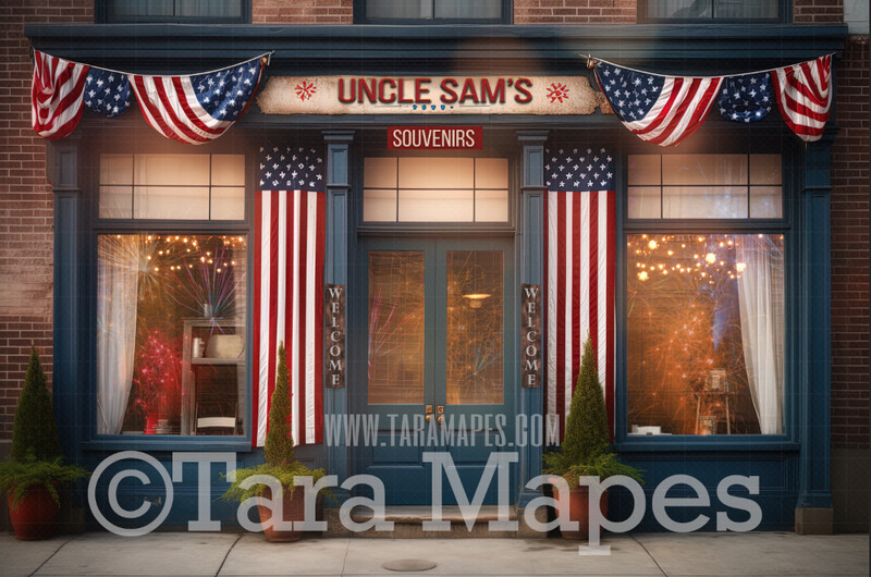 Americana Storefront- Uncle Sam's Souvenirs - Patriotic Shop - Independence Day Shop - 4th of July Shop - Rustic Blue Store - Fourth of July Digital Background Backdrop - JPG file
