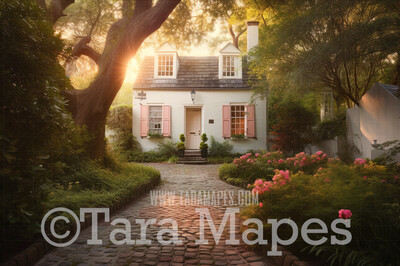 Spring Cottage Digital Backdrop - Cottage with Garden  - White Cottage with pink Shutters and  Garden -  Digital Background JPG