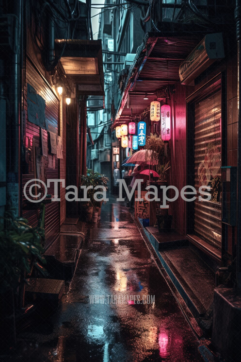 Alley with Neon Lights Digital Background - Tokyo Alley Digital Background Backdrop