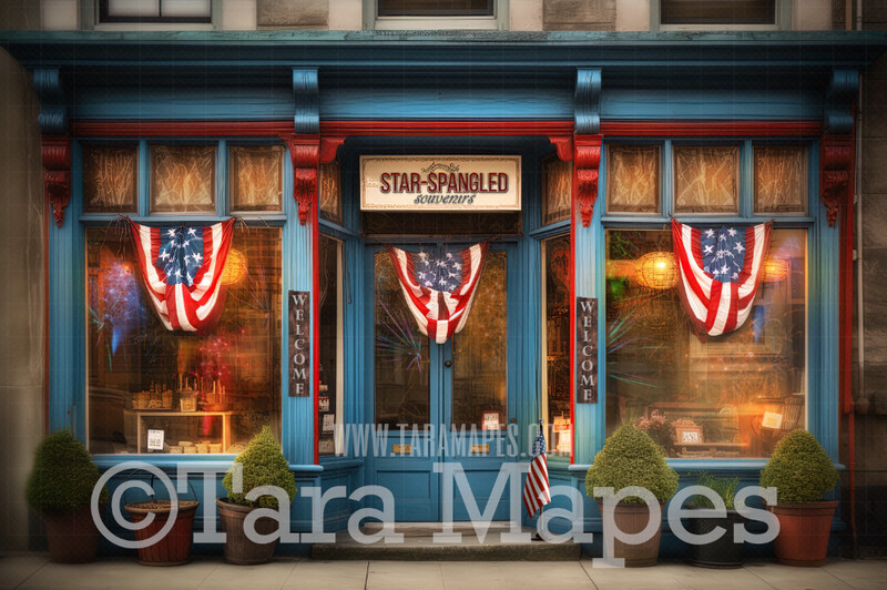 Americana Storefront - Star-Spangled Souvenirs - Patriotic Shop - Independence Day Shop - 4th of July Shop - Rustic Blue Store - Fourth of July Digital Background Backdrop - JPG file
