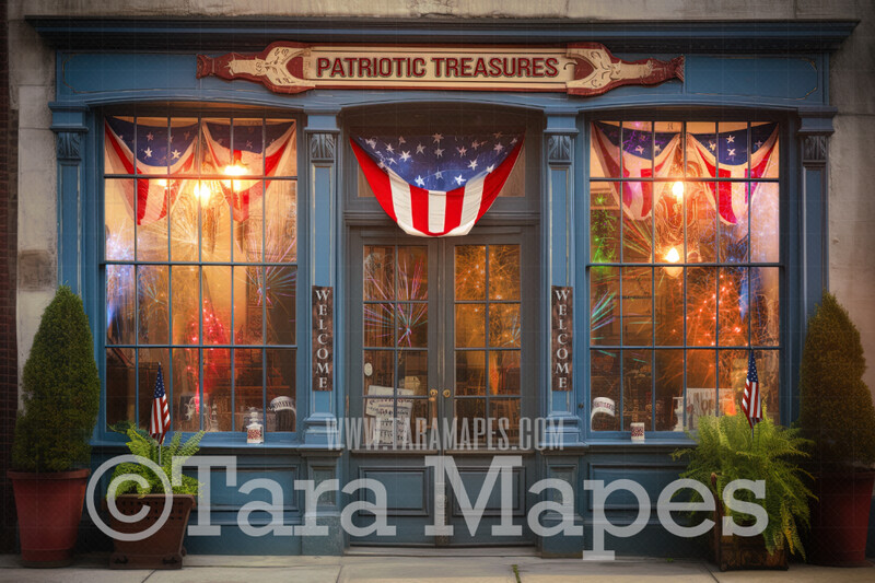 Americana Storefront - Patriotic Treasures Gift Shop - Patriotic Shop - Independence Day Shop - 4th of July Shop - Rustic Store - Fourth of July Digital Background Backdrop - JPG file