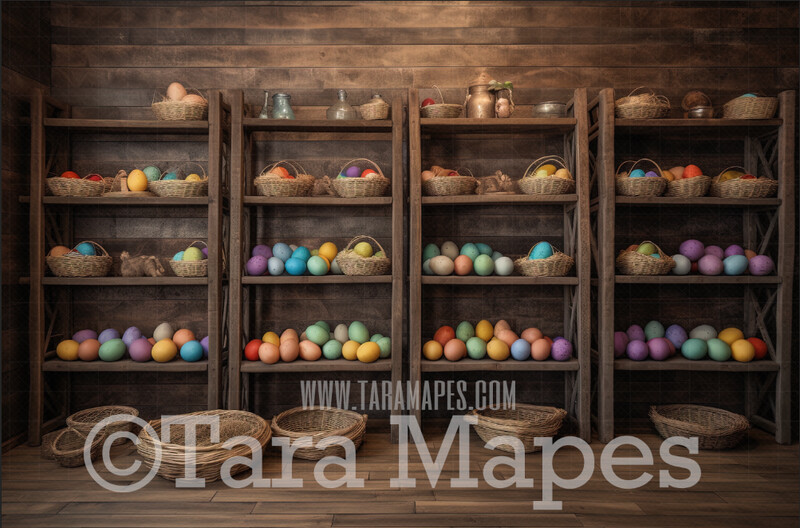 Rustic Easter Room Digital Backdrop -  Rustic Shelves with Easter Eggs - Rustic Easter Digital Background JPG - Easter Digital
