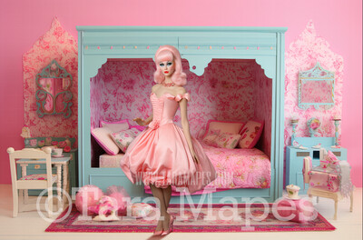 Dollhouse Bedroom Digital Backdrop -  Pink Dollhouse Room Digital Background