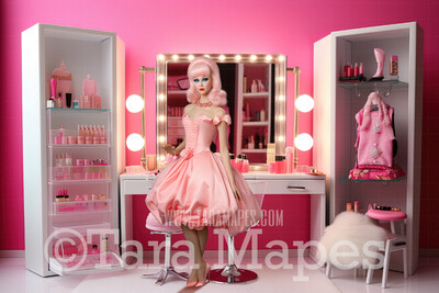 Dollhouse Vanity Digital Backdrop -  Pink Dollhouse Make Up Room Digital Background
