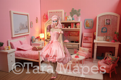Dollhouse Bedroom Digital Backdrop -  Pink Dollhouse Room Digital Background