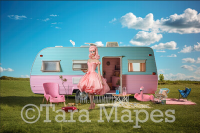 Dollhouse Camper Digital Backdrop -  Pink doll house camper RV  Digital Background