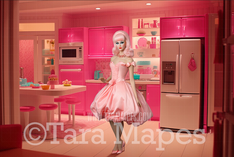 Dollhouse Kitchen Digital Backdrop -  Pink doll house Kitchen Room Digital Background