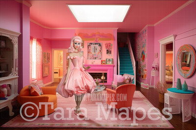 Dollhouse Livingroom Digital Backdrop -  Pink doll house living room Digital Background