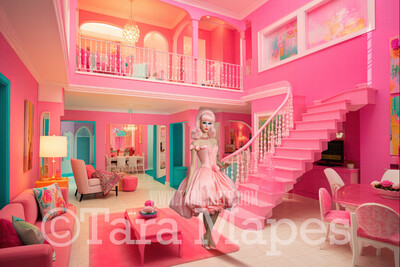 Dollhouse Livingroom Digital Backdrop -  Pink doll house living room Digital Background