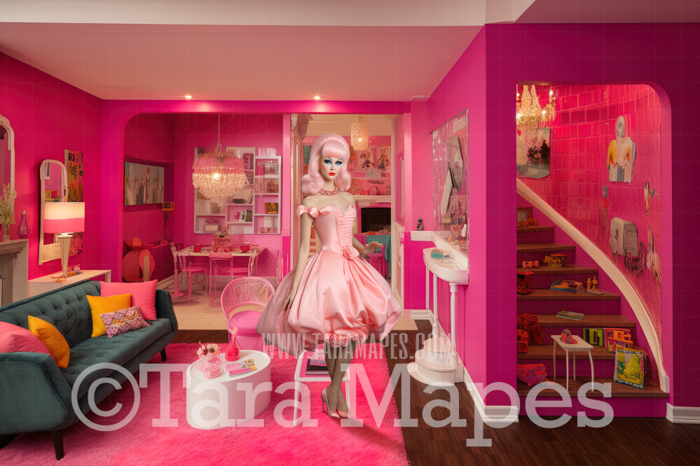 Dollhouse Livingroom Digital Backdrop -  Pink doll house living room Digital Background
