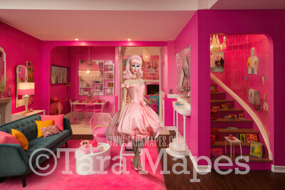 Dollhouse Livingroom Digital Backdrop -  Pink doll house living room Digital Background