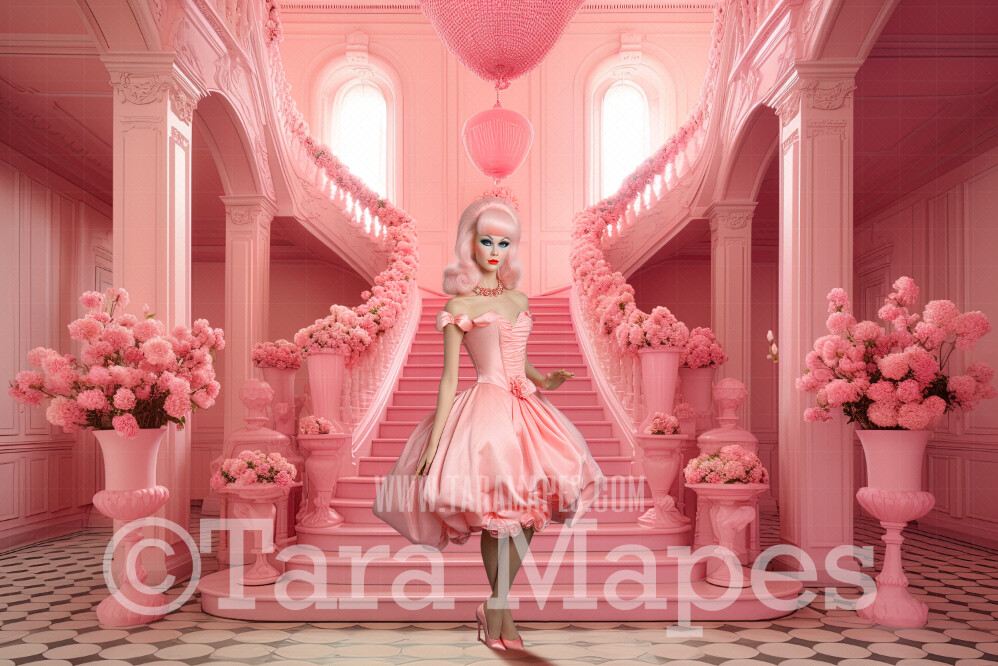 Dollhouse Palace Stairs Digital Backdrop -  Pink doll house stairs Digital Background