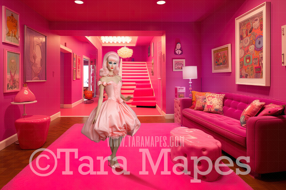 Dollhouse Livingroom Digital Backdrop -  Pink doll house living room Digital Background