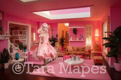 Dollhouse Livingroom Digital Backdrop -  Pink doll house living room Digital Background
