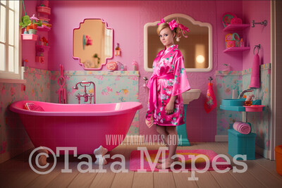 Dollhouse Bathroom Digital Backdrop -  Pink doll house bathroom with tub Digital Background