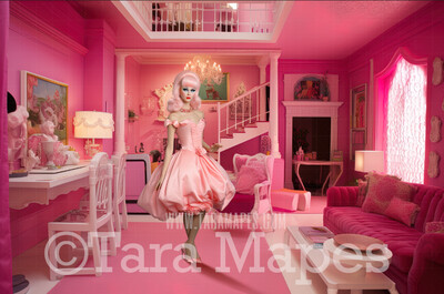 Dollhouse Livingroom Digital Backdrop -  Pink doll house living room Digital Background