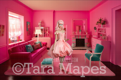 Dollhouse Livingroom Digital Backdrop -  Pink doll house living room Digital Background