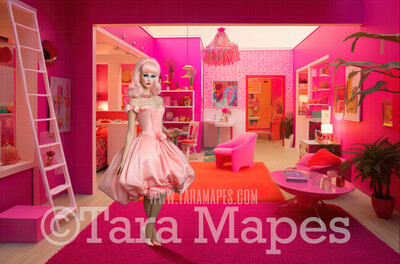 Dollhouse Livingroom Digital Backdrop -  Pink doll house living room Digital Background