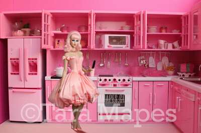 Dollhouse Kitchen Digital Backdrop -  Pink doll house kitchen Digital Background