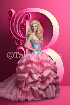 Doll Monogram Digital Backdrop -  Pink Letter &quot;B&quot; Digital Background