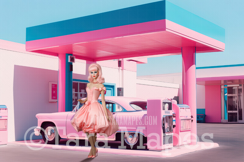 Pink Doll House Gas Station Digital Backdrop - Pink Gas Station Dollhouse Digital Background