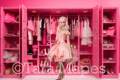 Pink Doll House Closet of Dresses Digital Backdrop - Pink Dollhouse Wardrobe Digital Background