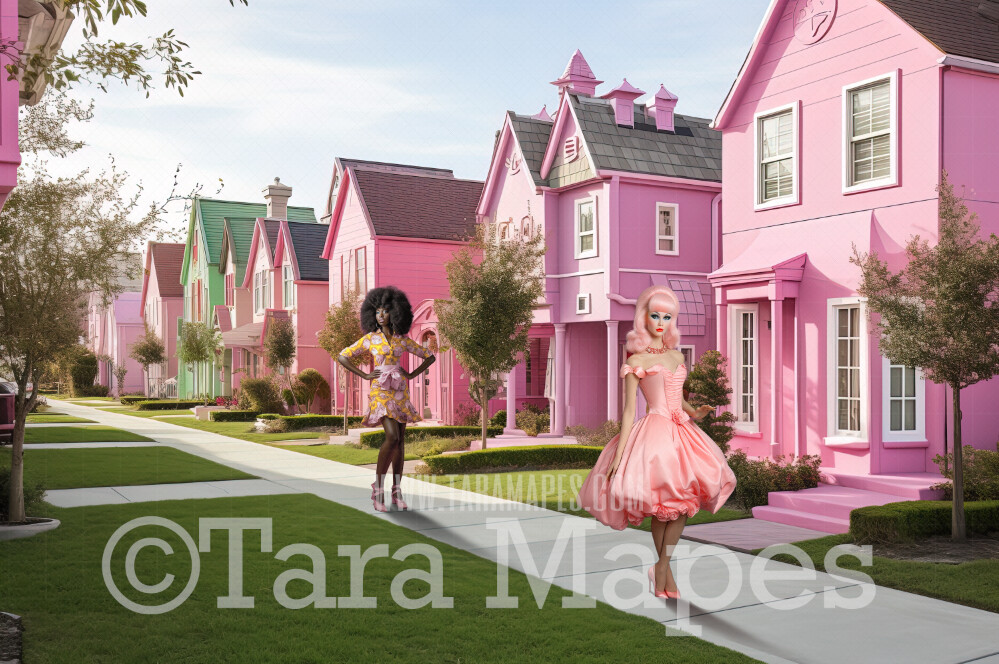 Dollhouse Neighborhood Digital Backdrop -  Pink doll houses Digital Background