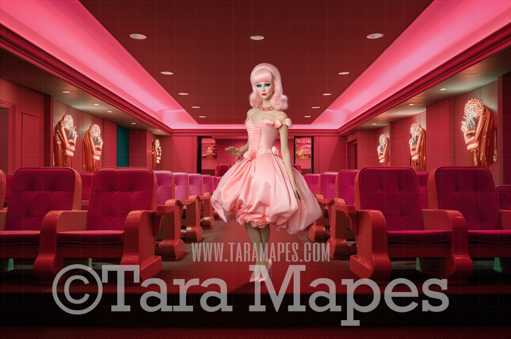 Pink Doll House Theater Digital Backdrop - Pink Theater Room  Dollhouse Digital Background