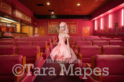 Pink Doll House Theater Digital Backdrop - Pink Theater Room  Dollhouse Digital Background
