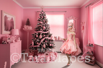 Pink Doll House Christmas Room Digital Backdrop - Pink Dollhouse Christmas Digital Background