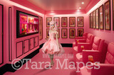 Pink Doll House Theater Digital Backdrop - Pink Television Room  Dollhouse Digital Background