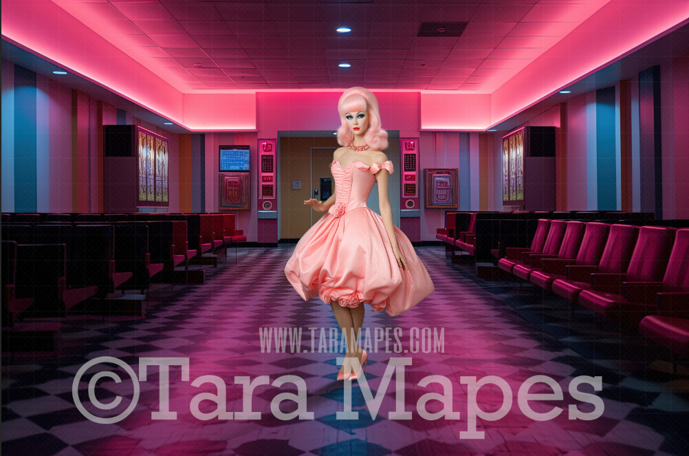 Pink Doll House Theater Digital Backdrop - Pink Theater Room  Dollhouse Digital Background