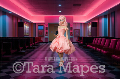 Pink Doll House Theater Digital Backdrop - Pink Theater Room  Dollhouse Digital Background