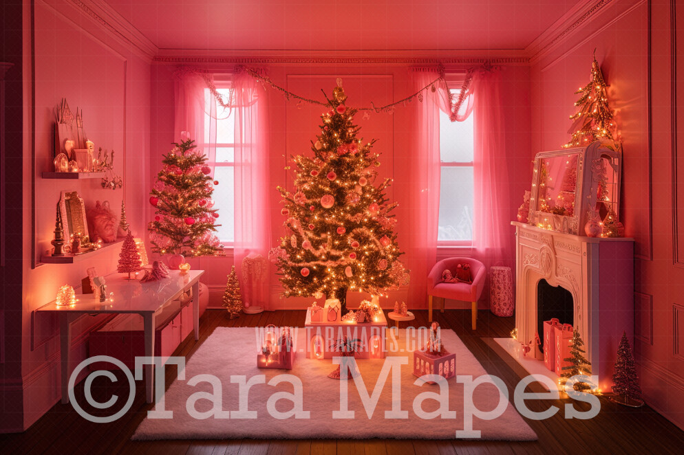 Pink Doll House Christmas Room Digital Backdrop - Pink Dollhouse Christmas Digital Background