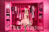 Pink Doll House Closet of Dresses Digital Backdrop - Pink Dollhouse Wardrobe Digital Background