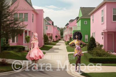 Dollhouse Neighborhood Digital Backdrop -  Pink doll houses Digital Background