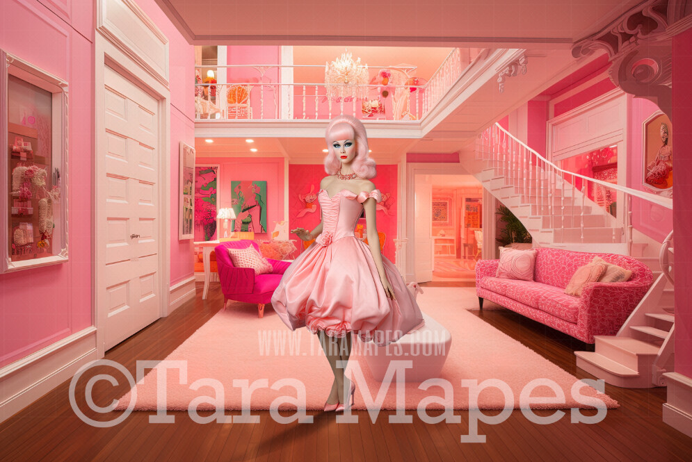 Dollhouse Livingroom Digital Backdrop -  Pink doll house living room Digital Background