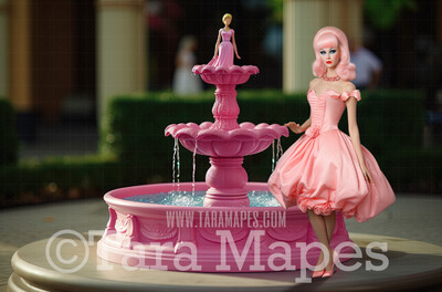 Pink Doll House Fountain Digital Backdrop - Pink Fountain Dollhouse Digital Background