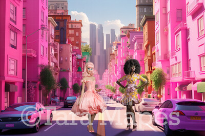 Pink Doll House City Digital Backdrop - Pink City Street Digital Background